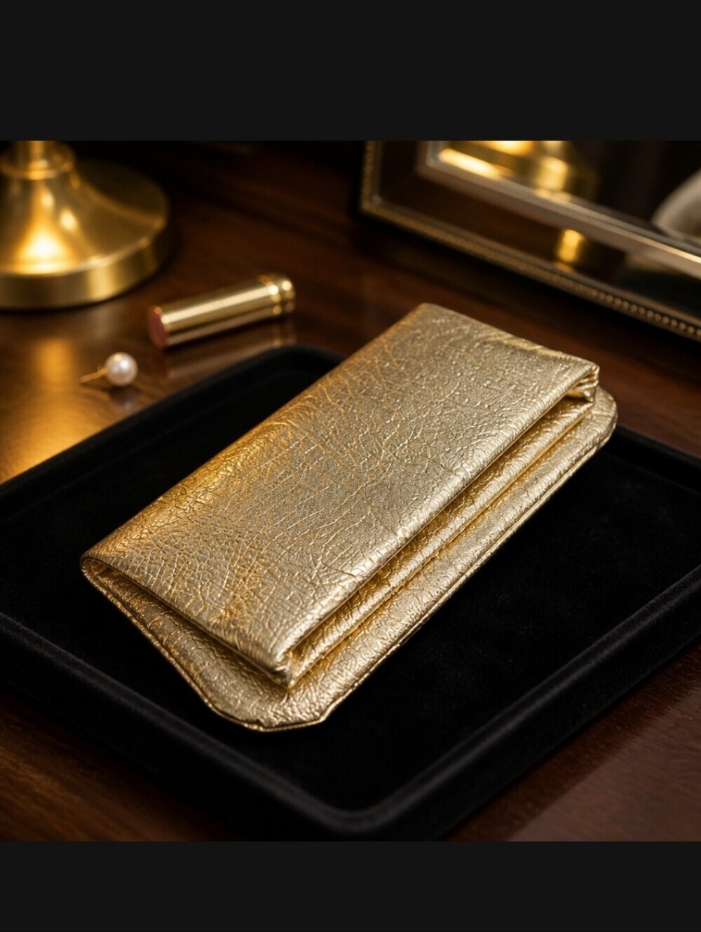 Vintage 80's Metallic Gold Foldover Clutch Attached Coin Purse Retro Lining Glam